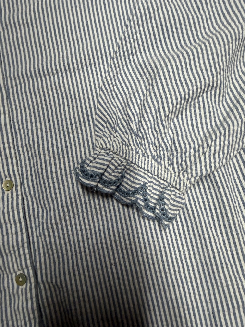 ba&sh Blue & White Striped Ruffle-Neck Button-Down Shirt. 0120 - Picture 6 of 10